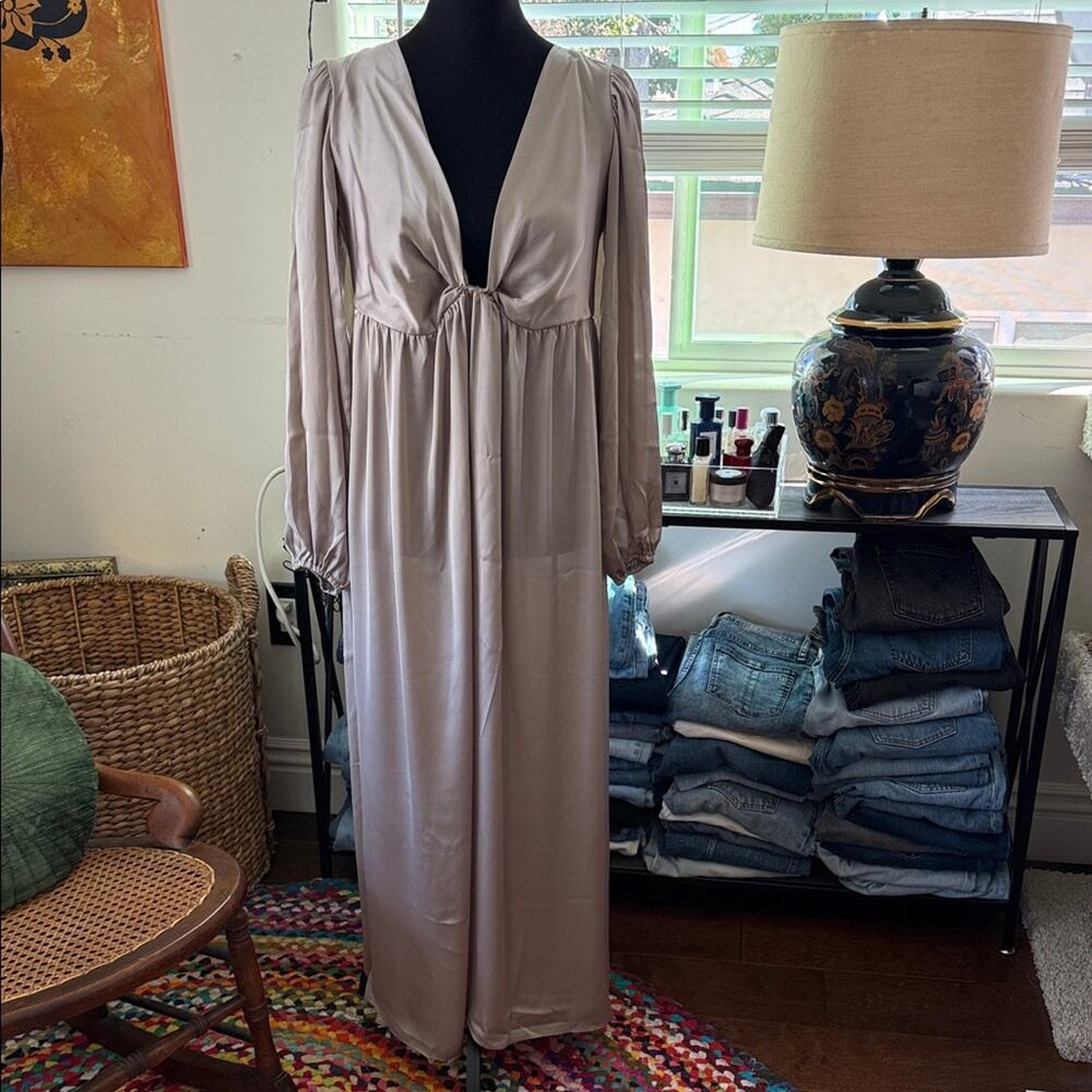 Anyuta Couture Champagne Beige Satin Maternity Photo Baby Shower Boho Maxi Dress